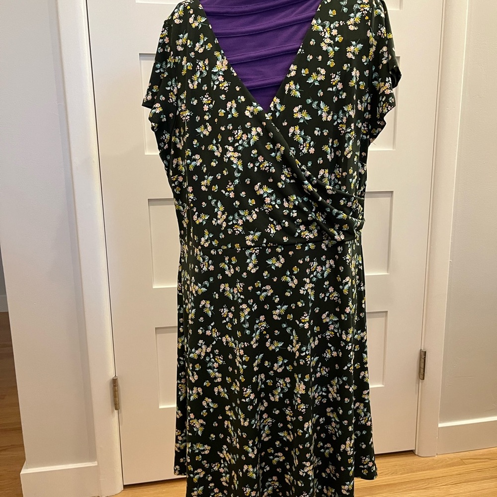 Green floral mock wrap dress LOFT